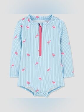Carter's Light Blue Pinstripe One-Piece with Pink Flamingos. 12M. NWOT